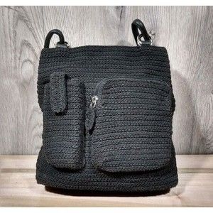 Worthington Crochet Knit Shoulder Bag Purse Multicompartment Lined Black Cotton